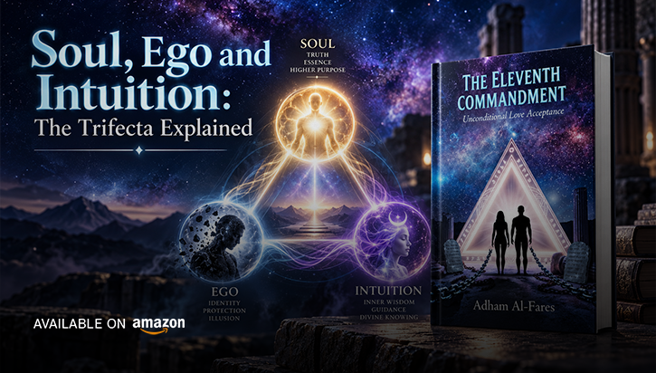 Diagram of the Trifecta showing soul, ego, and intuition balanced by unconditional love-acceptance.